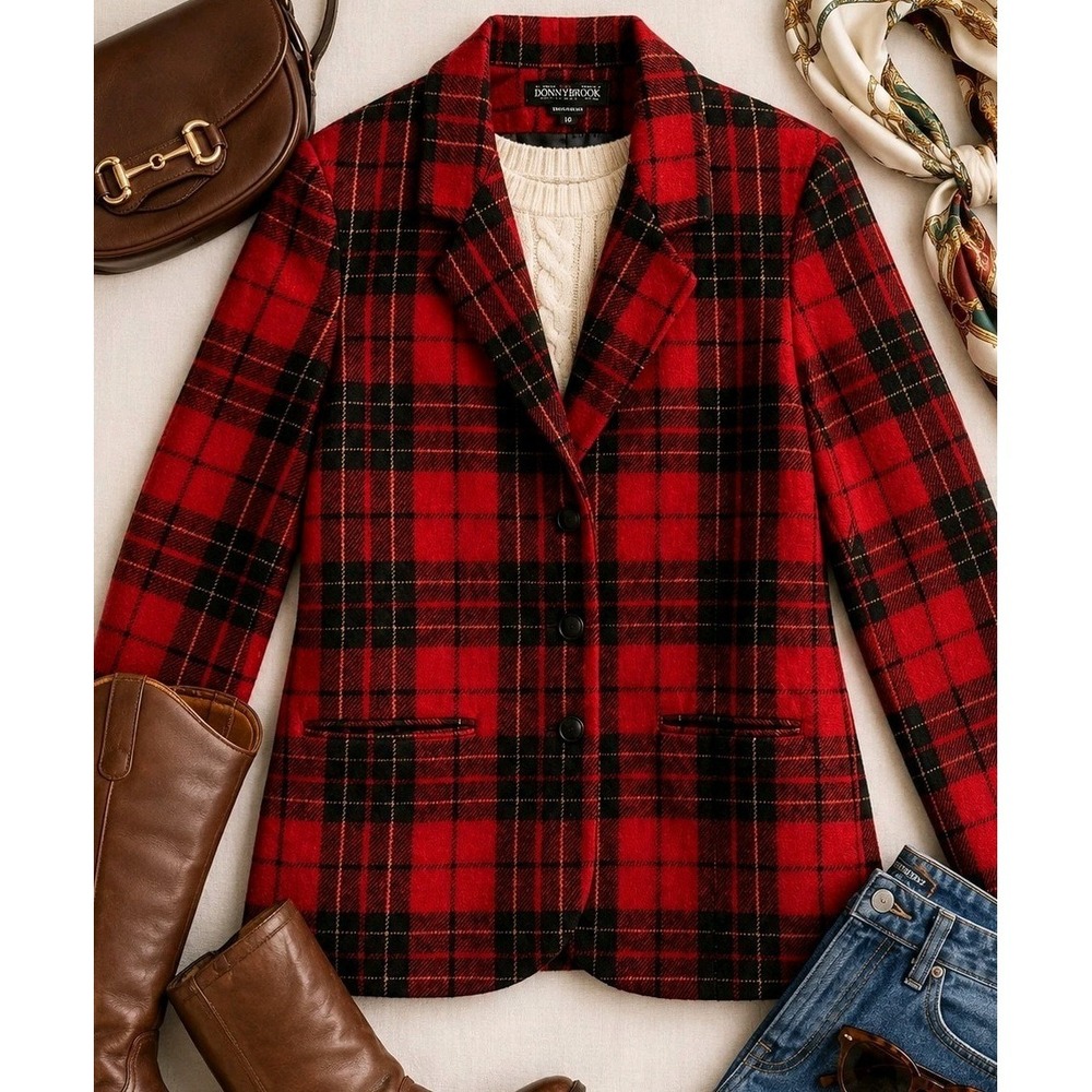 Vintage Wool Equestrian Tartan Blazer Women 10 Red Plaid Old Money Riding Jacket